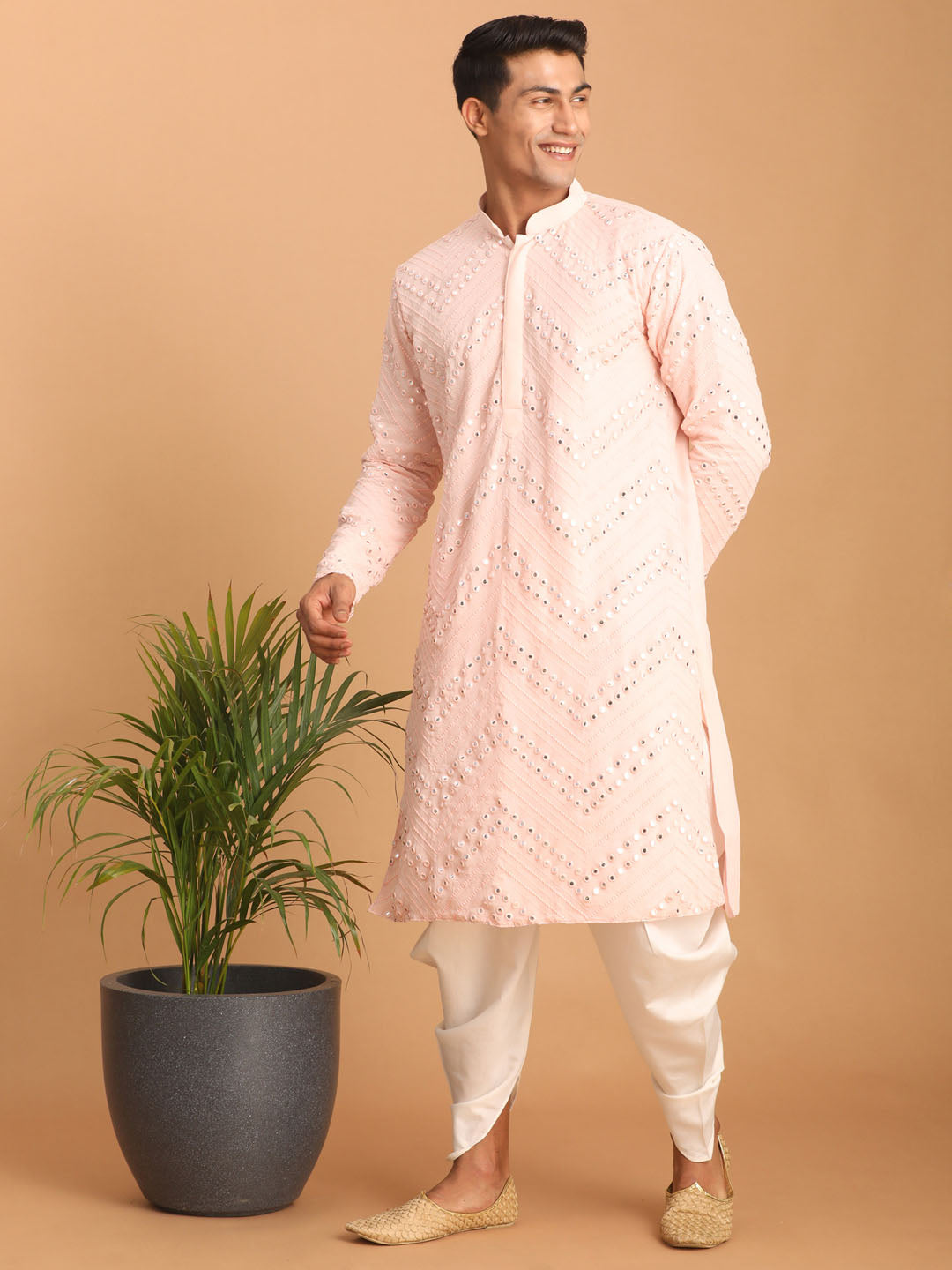 Men's Pink Mirror Kurta Dhoti Set
