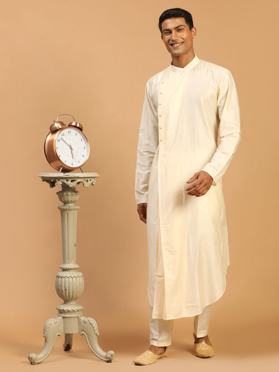 Men's Cream Pleated Kurta With Cream Pant Style Pyjama Set