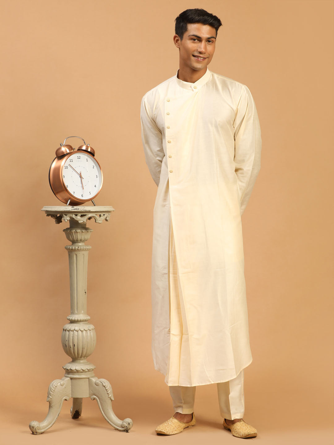 Men's Cream Pleated Kurta With Cream Pant Style Pyjama Set