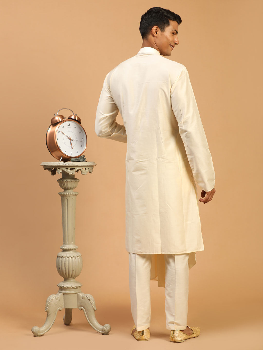 Men's Cream Pleated Kurta With Cream Pant Style Pyjama Set