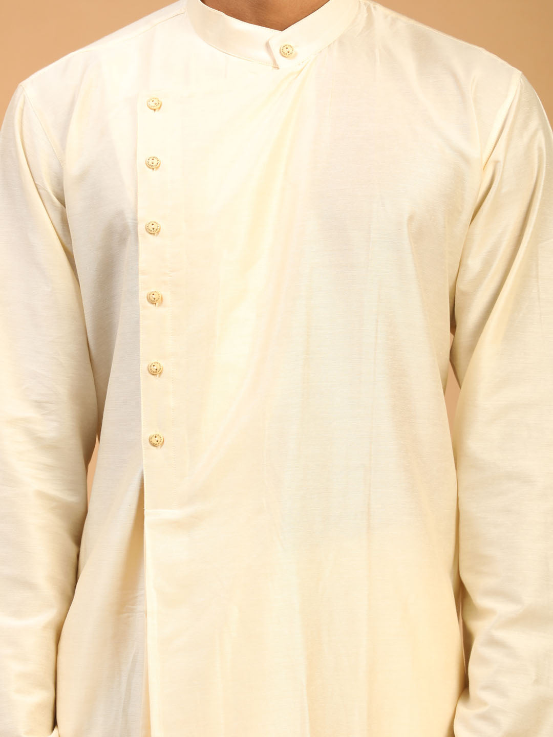 Men's Cream Pleated Kurta With Cream Pant Style Pyjama Set