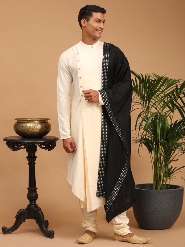 Men's Cream Pleated Kurta And Churidar Set With Black Mirror Dupatta