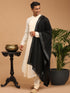 Men's Cream Pleated Kurta And Churidar Set With Black Mirror Dupatta