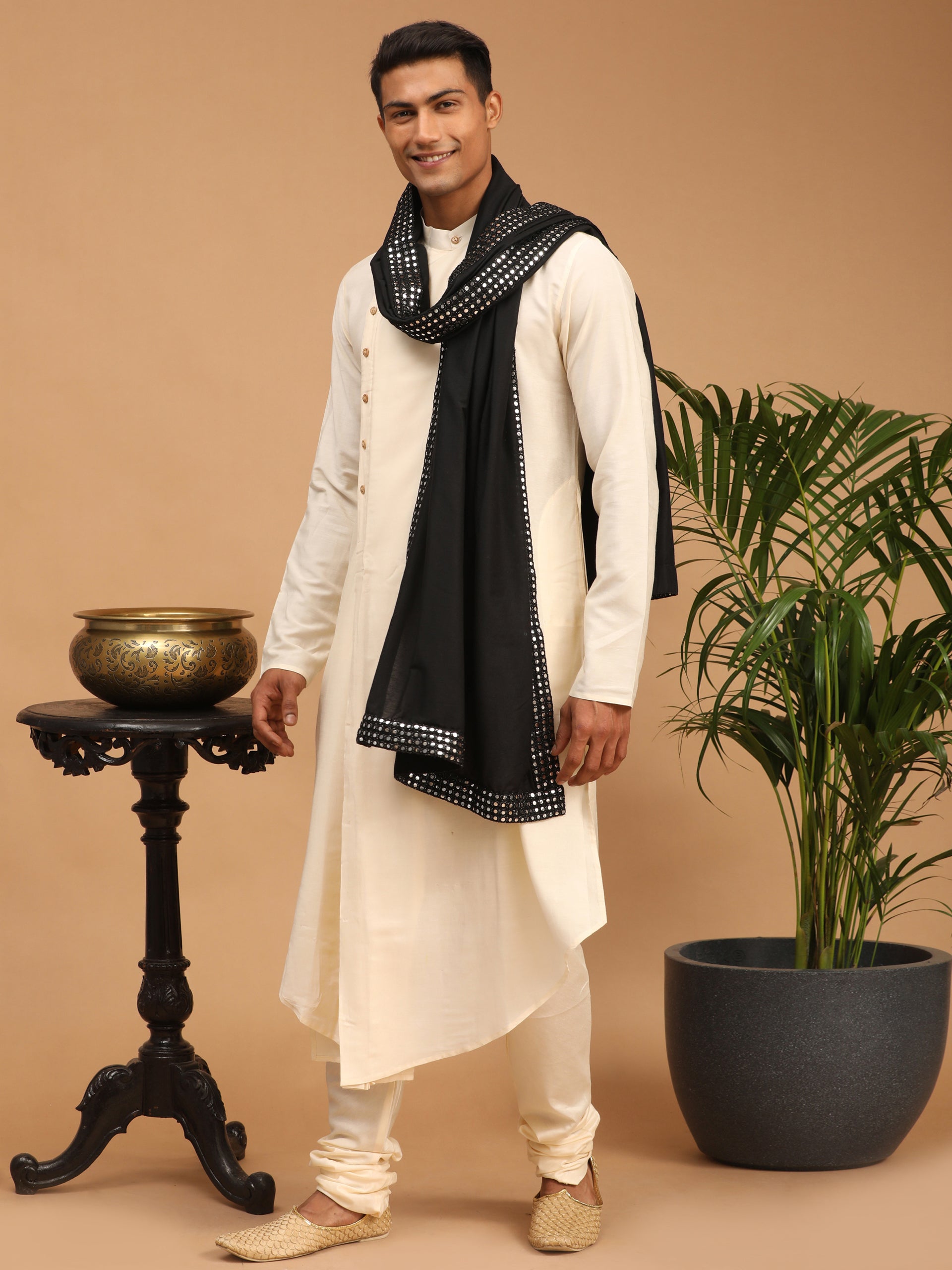 Men's Cream Pleated Kurta And Churidar Set With Black Mirror Dupatta