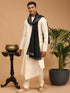 Men's Cream Pleated Kurta And Churidar Set With Black Mirror Dupatta