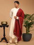 Men's Cream Pleated Kurta And Churidar Set With Maroon Mirror Dupatta