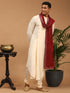 Men's Cream Pleated Kurta And Churidar Set With Maroon Mirror Dupatta