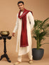 Men's Cream Pleated Kurta And Churidar Set With Maroon Mirror Dupatta