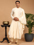 Men's Cream Pleated Kurta And Churidar Set With Mirror Dupatta