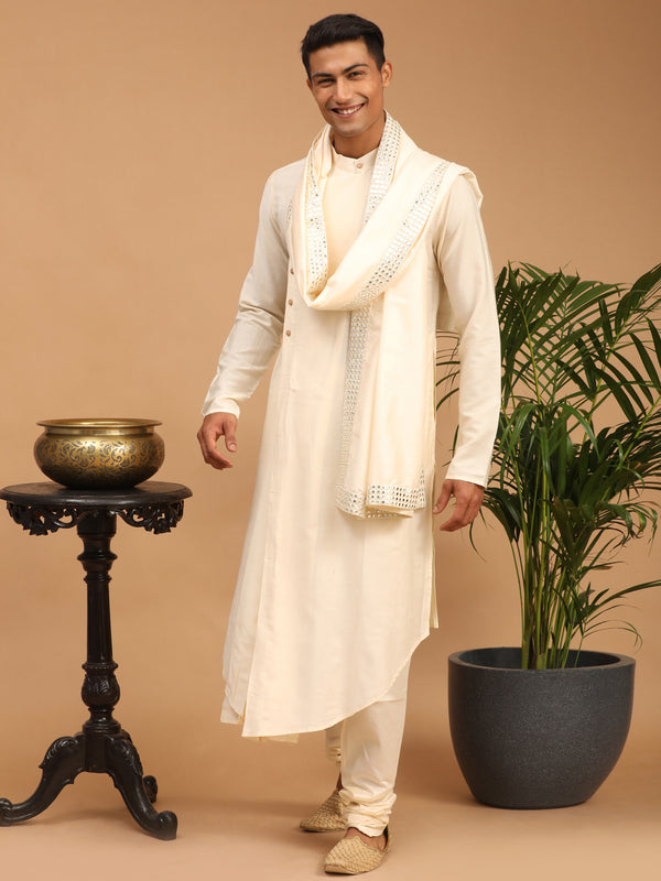 Men's Cream Pleated Kurta And Churidar Set With Mirror Dupatta
