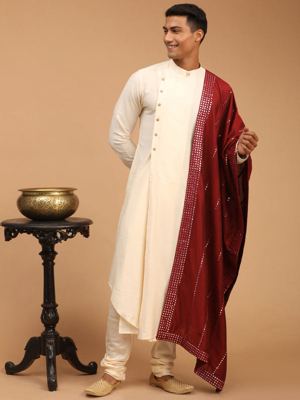 Men's Cream Pleated Kurta And Churidar Set With Maroon Vertical Mirror Dupatta