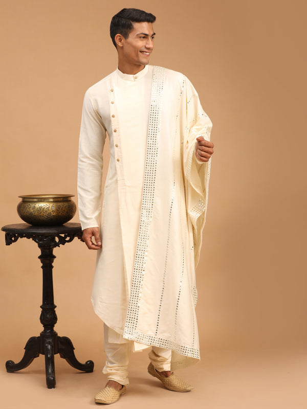 Men's Cream Pleated Kurta And Churidar Set With Cream Vertical Mirror Dupatta