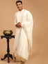 Men's Cream Pleated Kurta And Churidar Set With Cream Vertical Mirror Dupatta