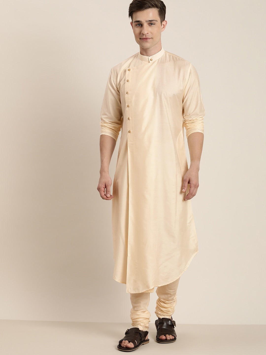 Men's Cream Pleated Kurta With Churidar Set