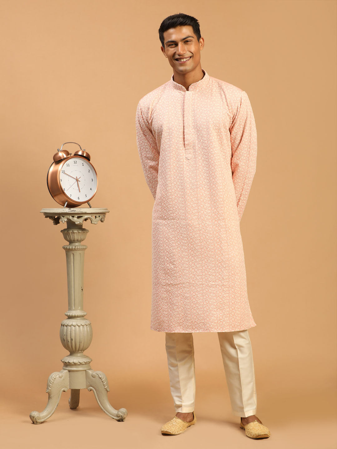 Men's Pink Ethnic Chikankari Kurta Pant Set