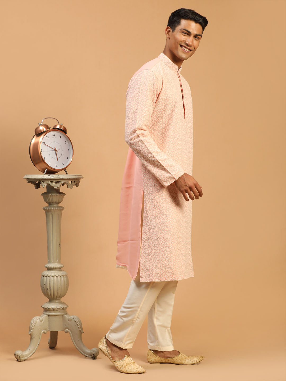 Men's Pink Ethnic Chikankari Kurta Pant Set