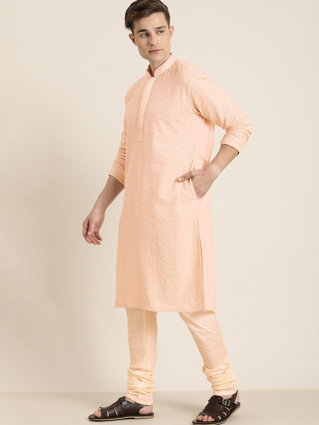 Men's Pink Ethnic Chikankari Kurta Pyjama Set