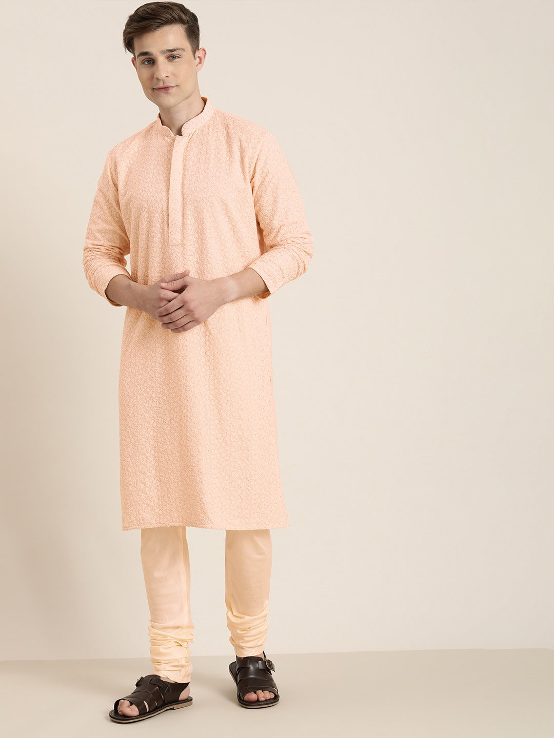 Men's Pink Ethnic Chikankari Kurta Pyjama Set