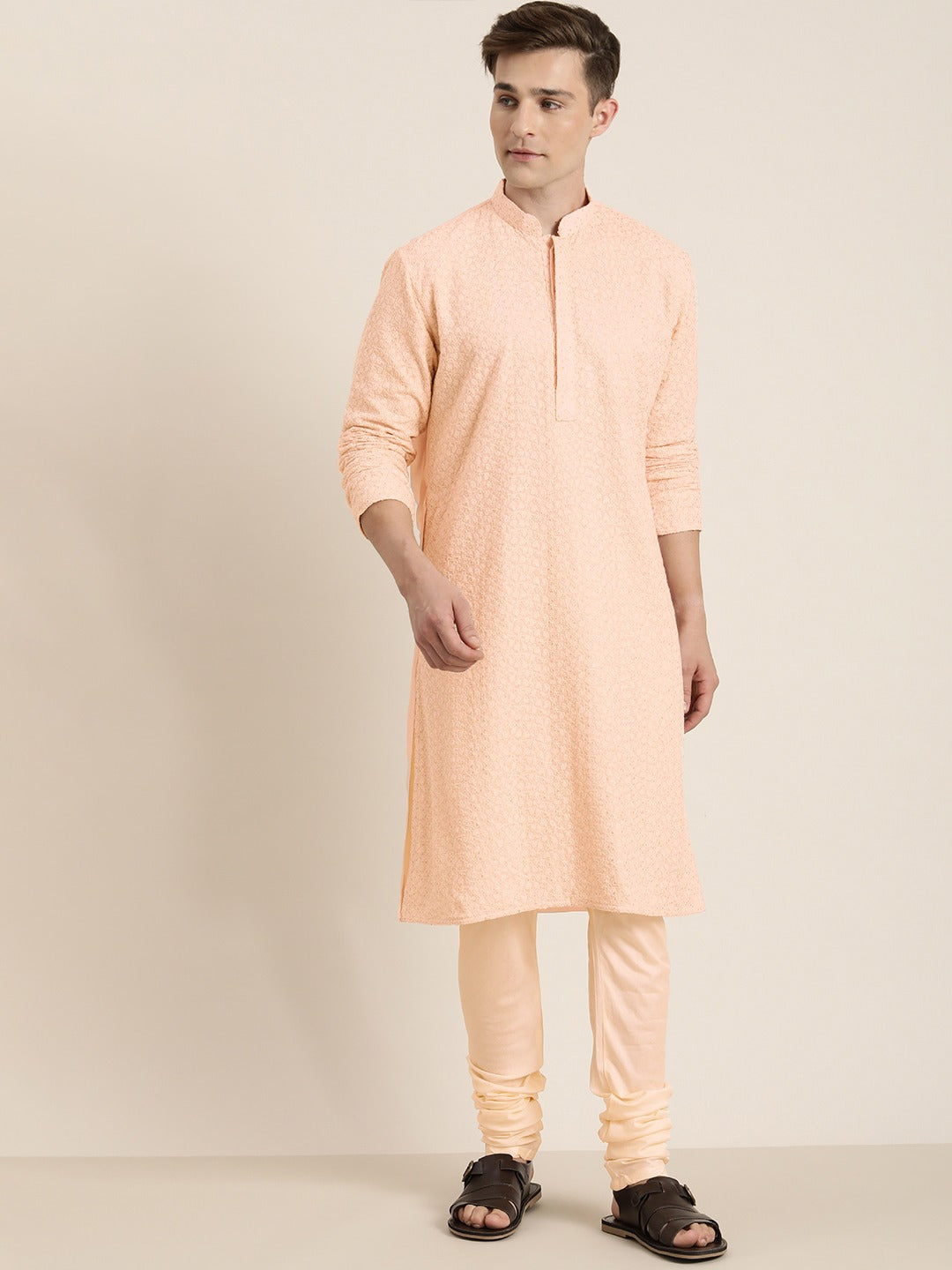 Men's Pink Ethnic Chikankari Kurta Pyjama Set