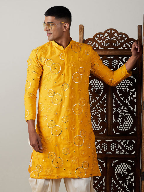 Men's Yellow Embroidered Kurta