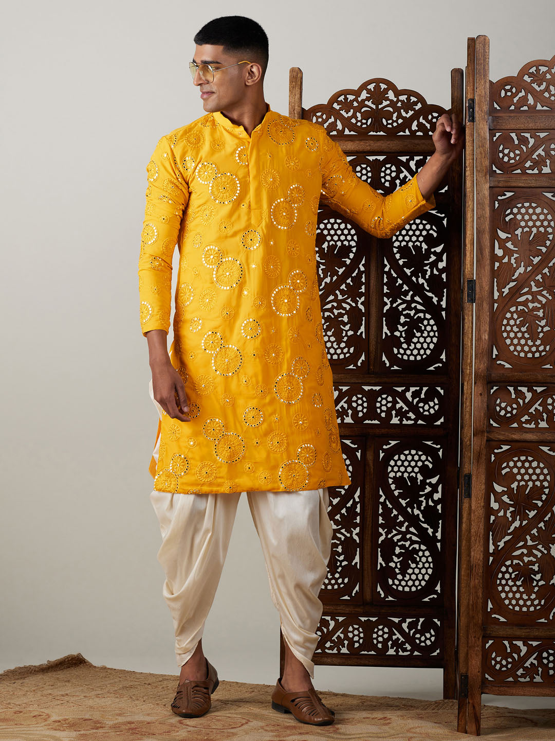 Men's Yellow Embroidered Kurta Dhoti Set
