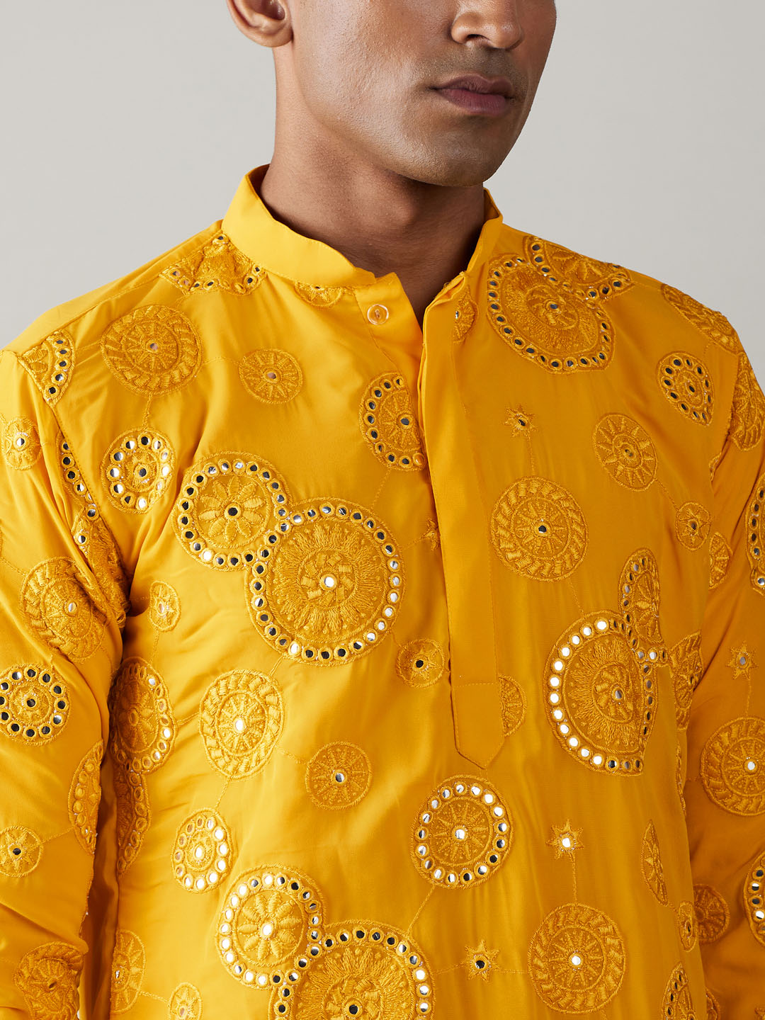 Men's Yellow Embroidered Kurta Dhoti Set