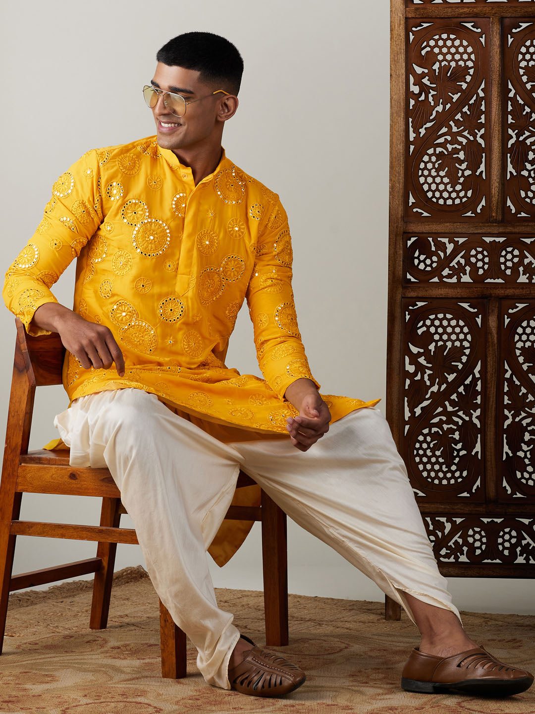 Men's Yellow Embroidered Kurta Dhoti Set