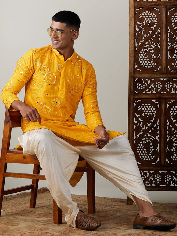 Men's Yellow Embroidered Kurta Dhoti Set