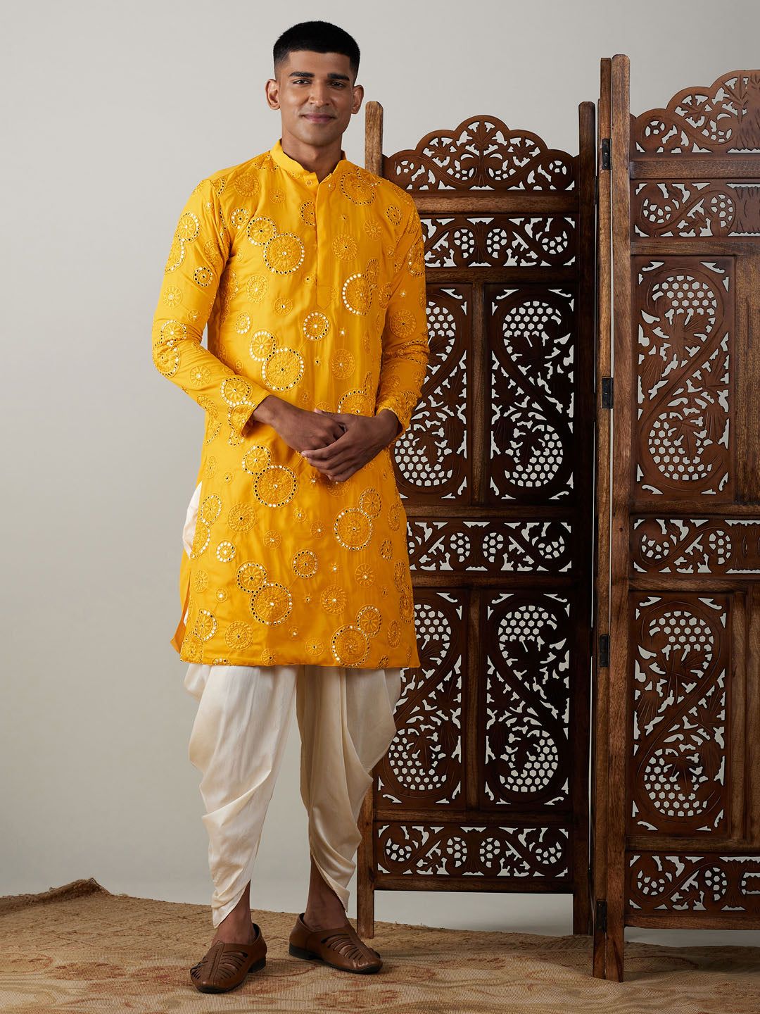 Men's Yellow Embroidered Kurta Dhoti Set
