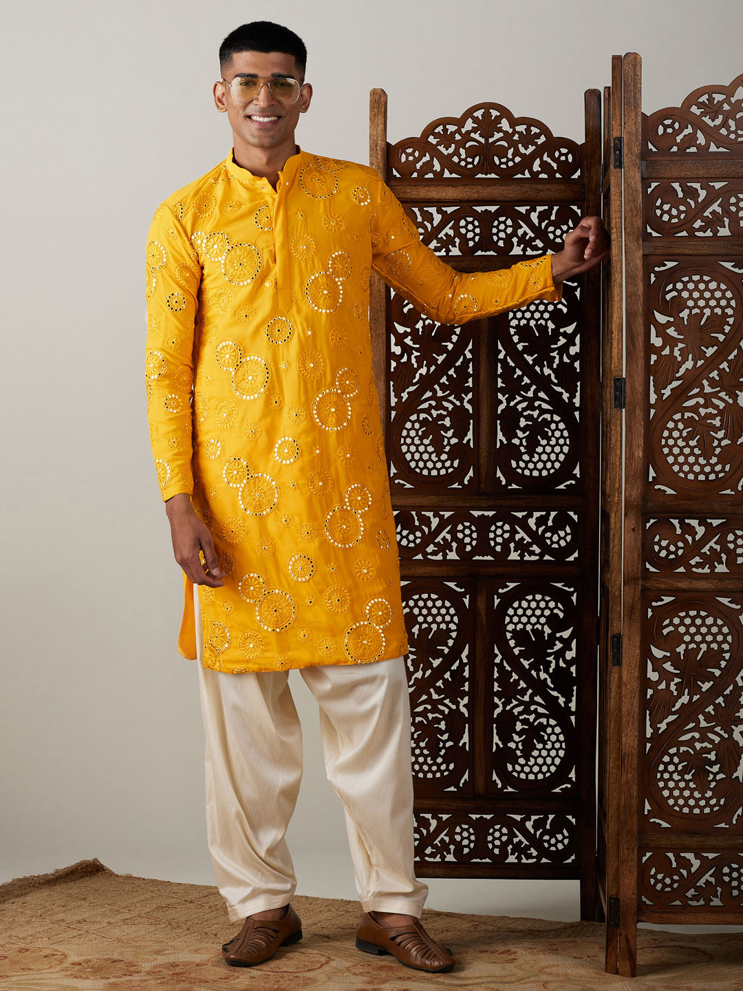 Men's Yellow Embroidered Kurta Patiala Set