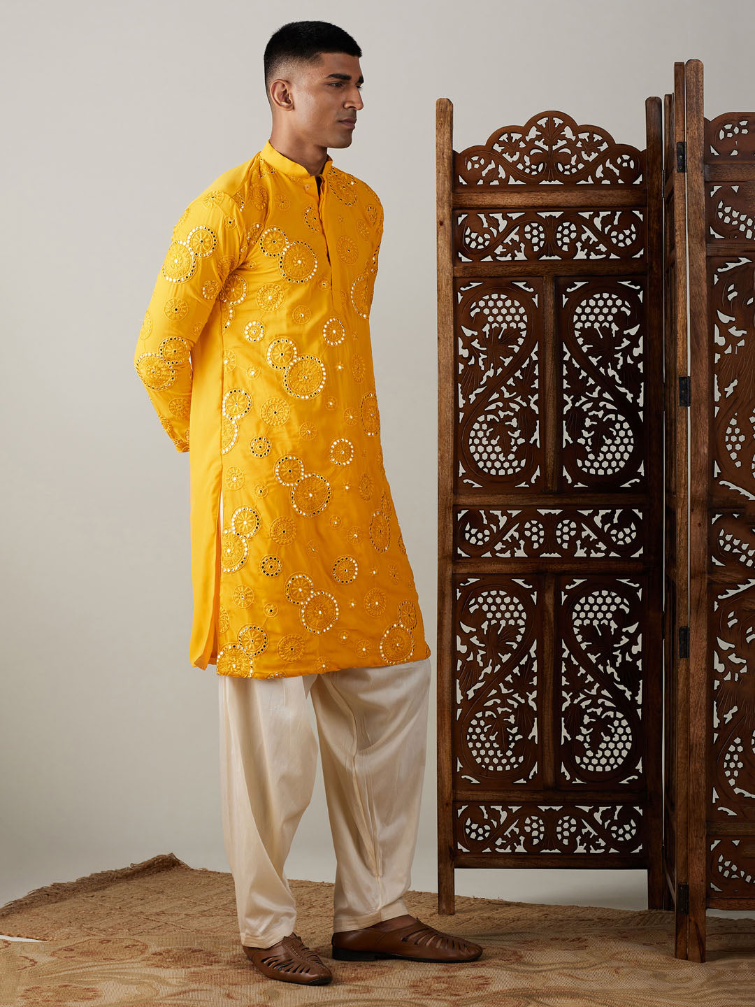 Men's Yellow Embroidered Kurta Patiala Set