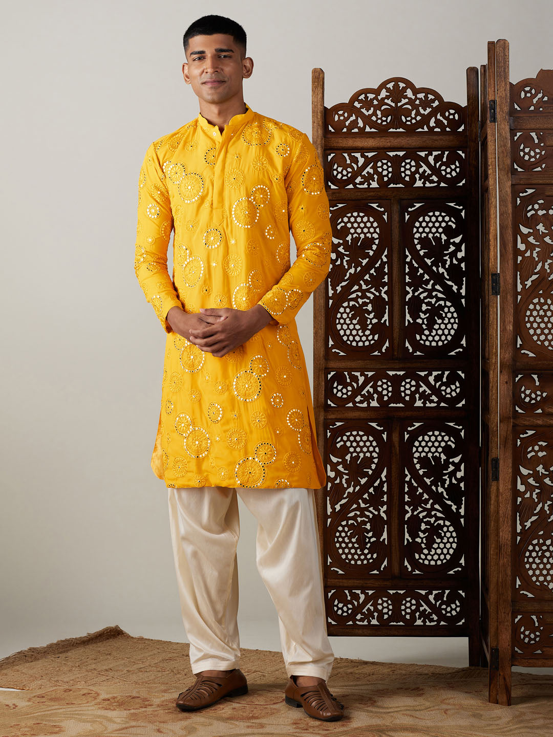 Men's Yellow Embroidered Kurta Patiala Set