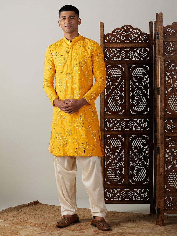 Men's Yellow Embroidered Kurta Patiala Set