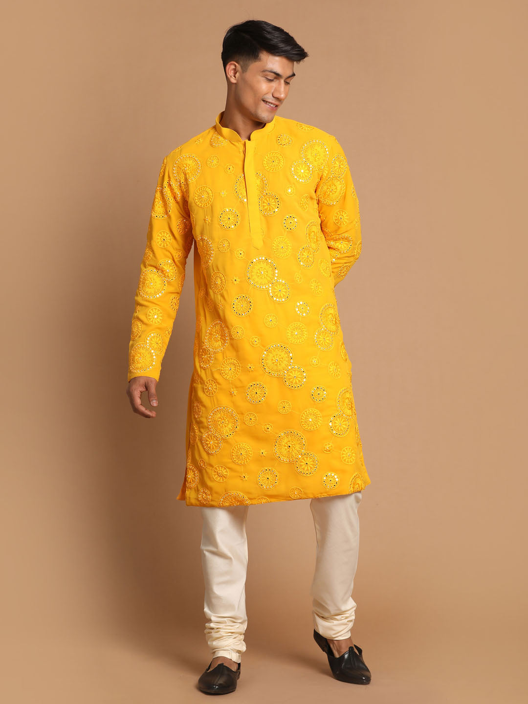 Men's Yellow Embroidered Kurta Pyjama Set