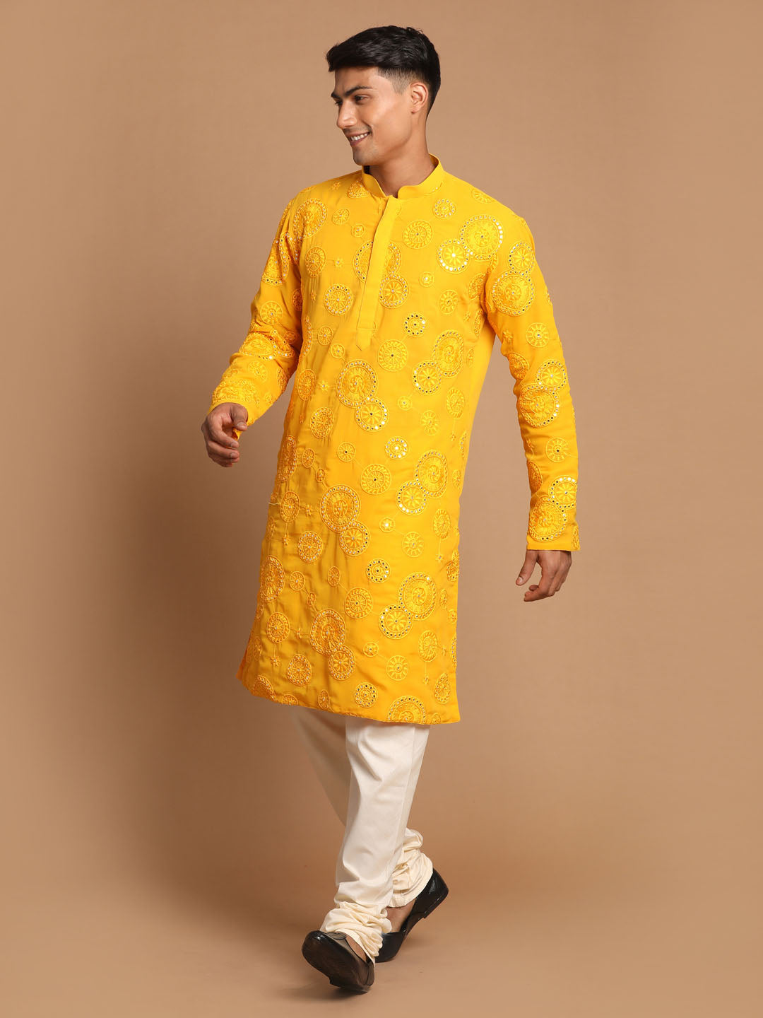 Men's Yellow Embroidered Kurta Pyjama Set