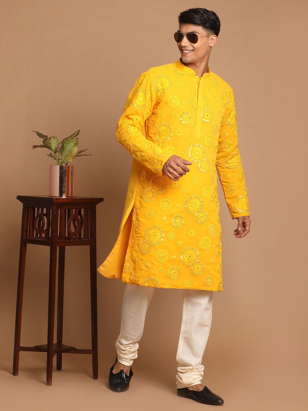 Men's Yellow Embroidered Kurta Pyjama Set