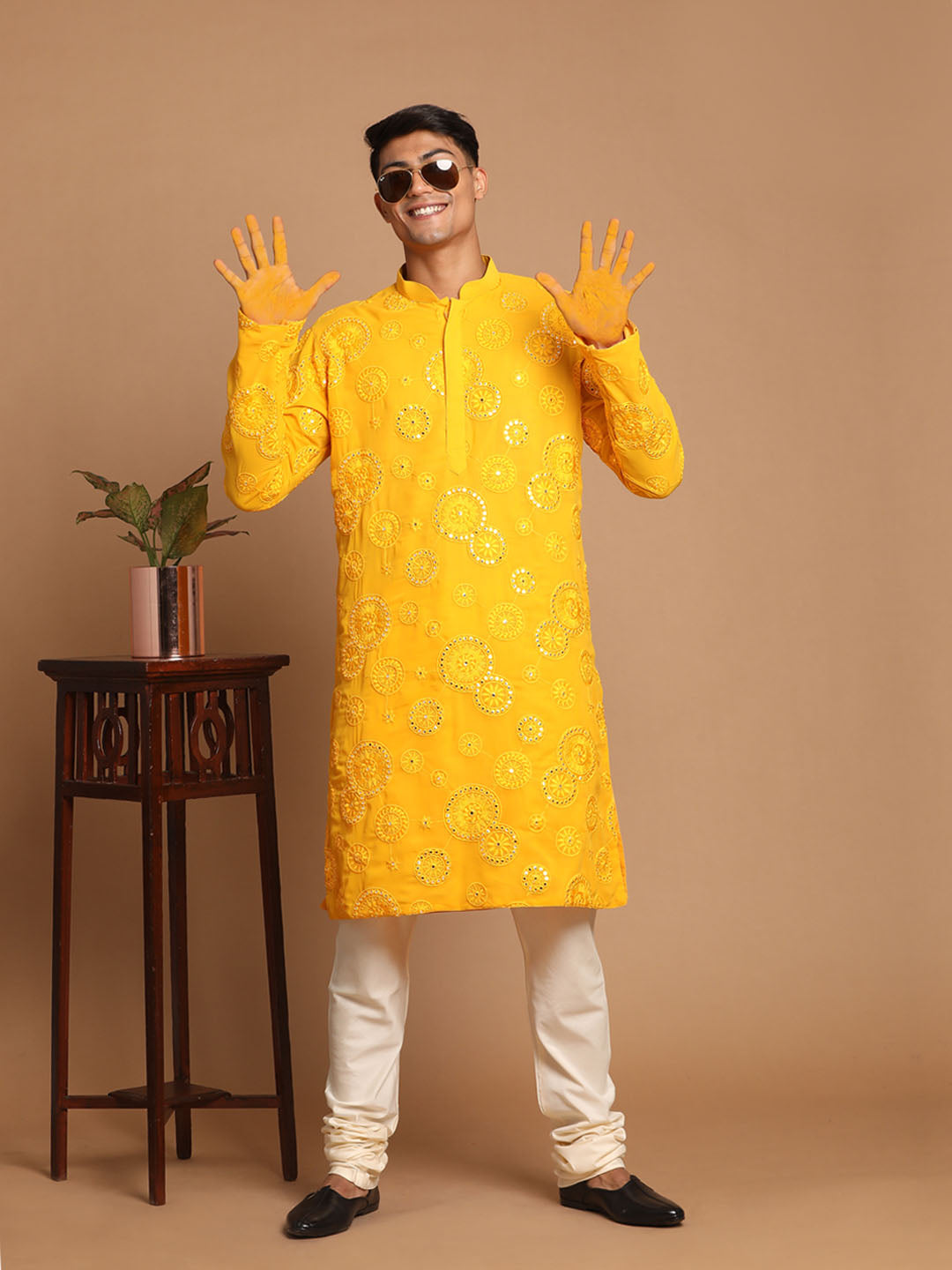 Men's Yellow Embroidered Kurta Pyjama Set