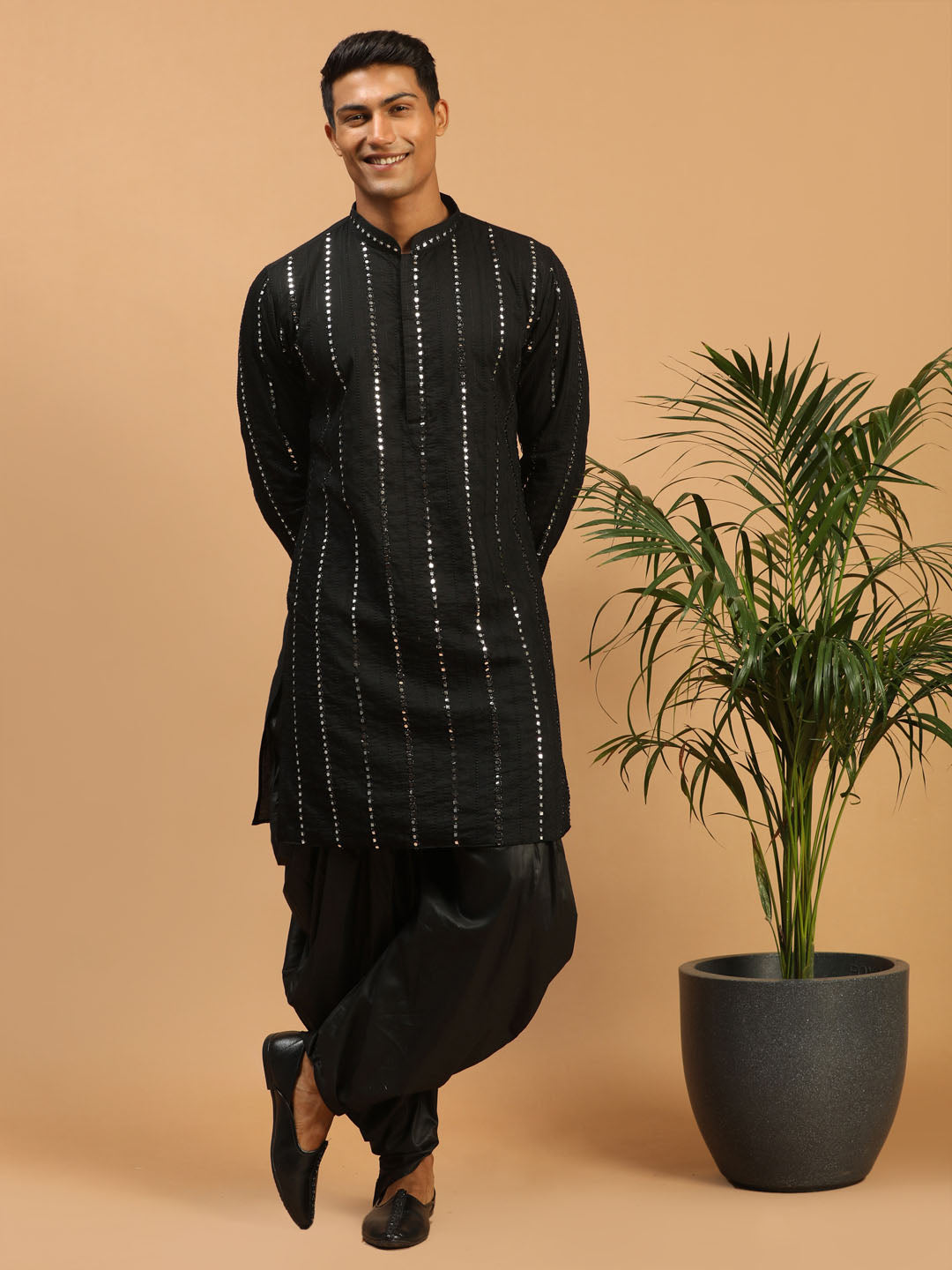 Men's Black Mirror Kurta Dhoti Set