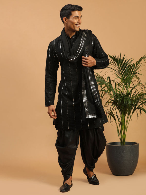 Men's Black Mirror Kurta Dhoti And Dupatta Set