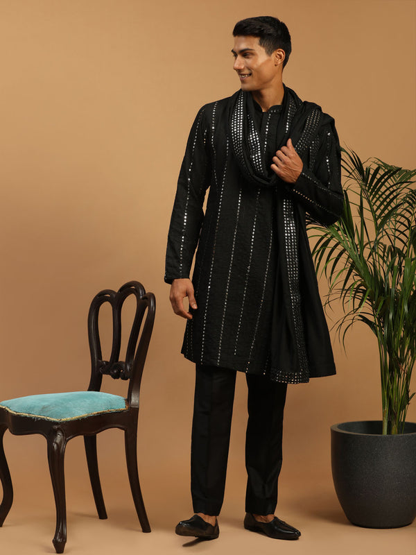 Men's Black Mirror Kurta Pant And Dupatta Set