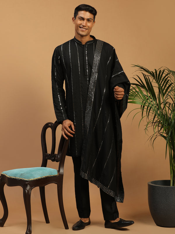 Men's Black Mirror Kurta Pant And Dupatta Set