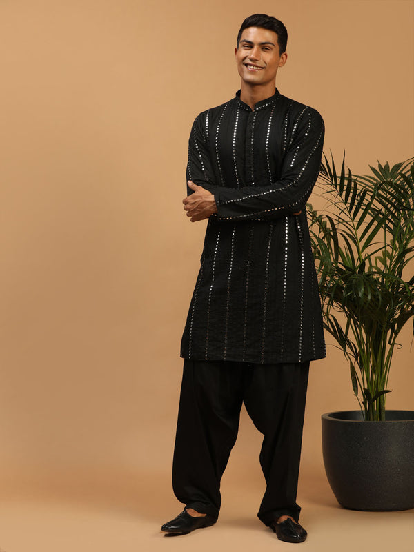 Men's Black Mirror Kurta With Patiala Set