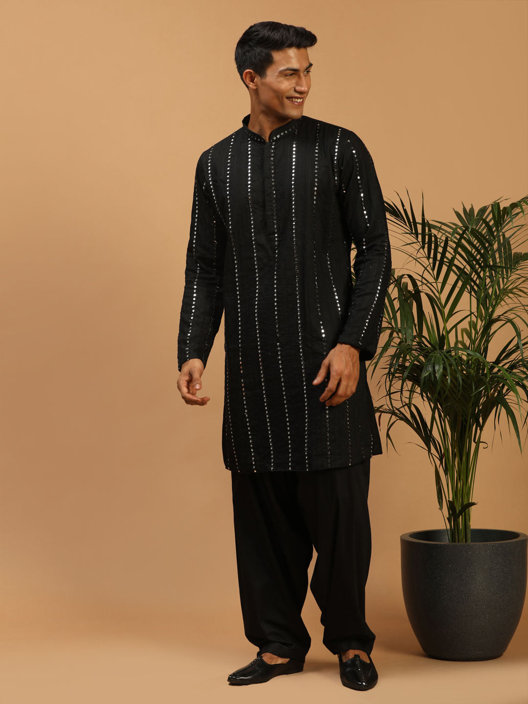 Men's Black Mirror Kurta With Patiala Set