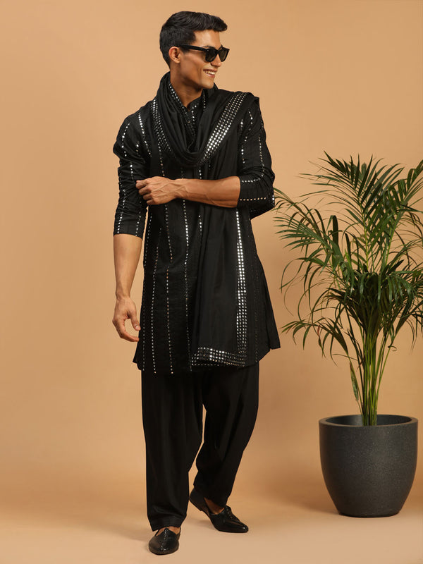 Men's Black Mirror Kurta Patiala And Dupatta Set