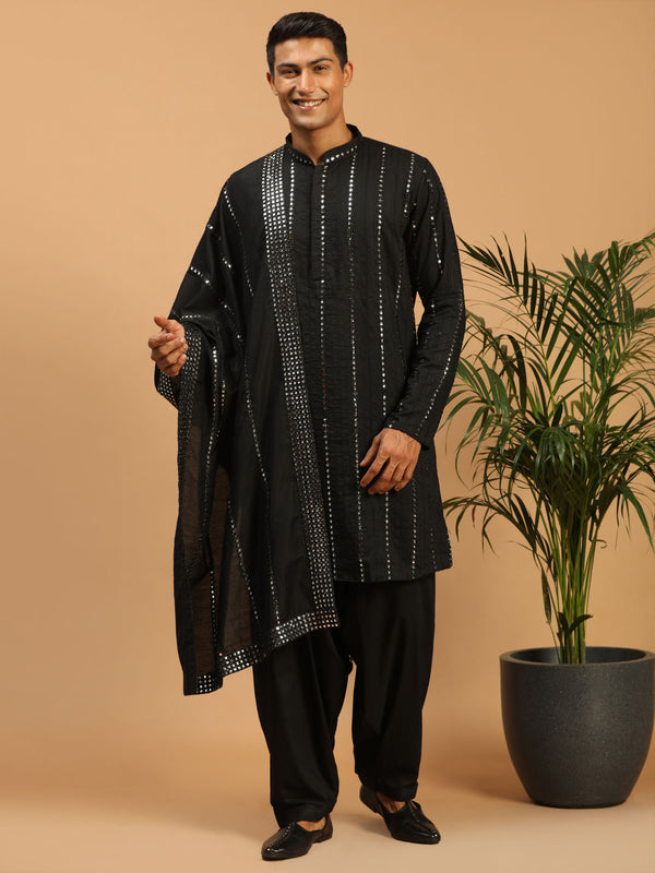 Men's Black Mirror Kurta With Patiala And Dupatta Set