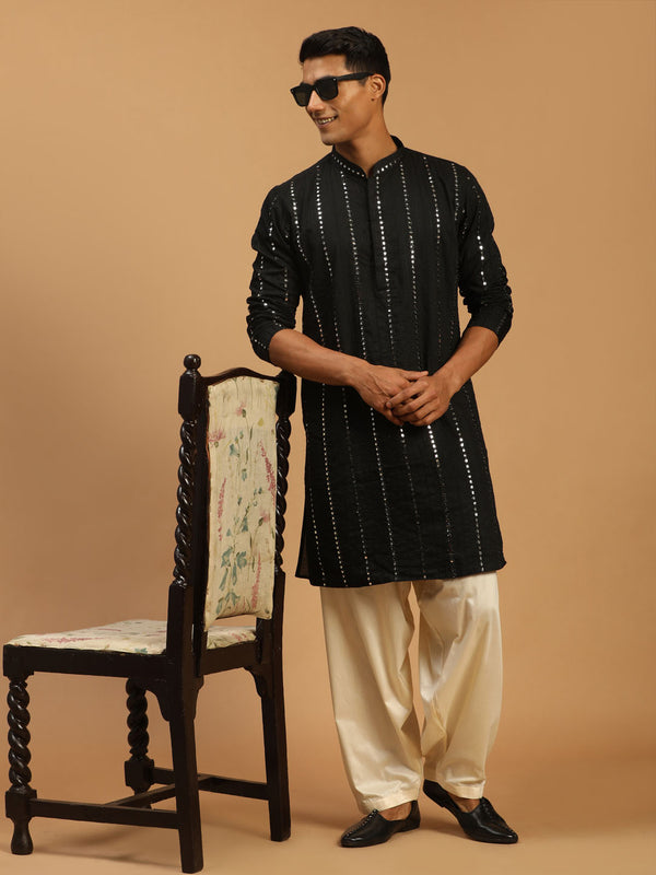 Men's Black Mirror Kurta With Patiala Set