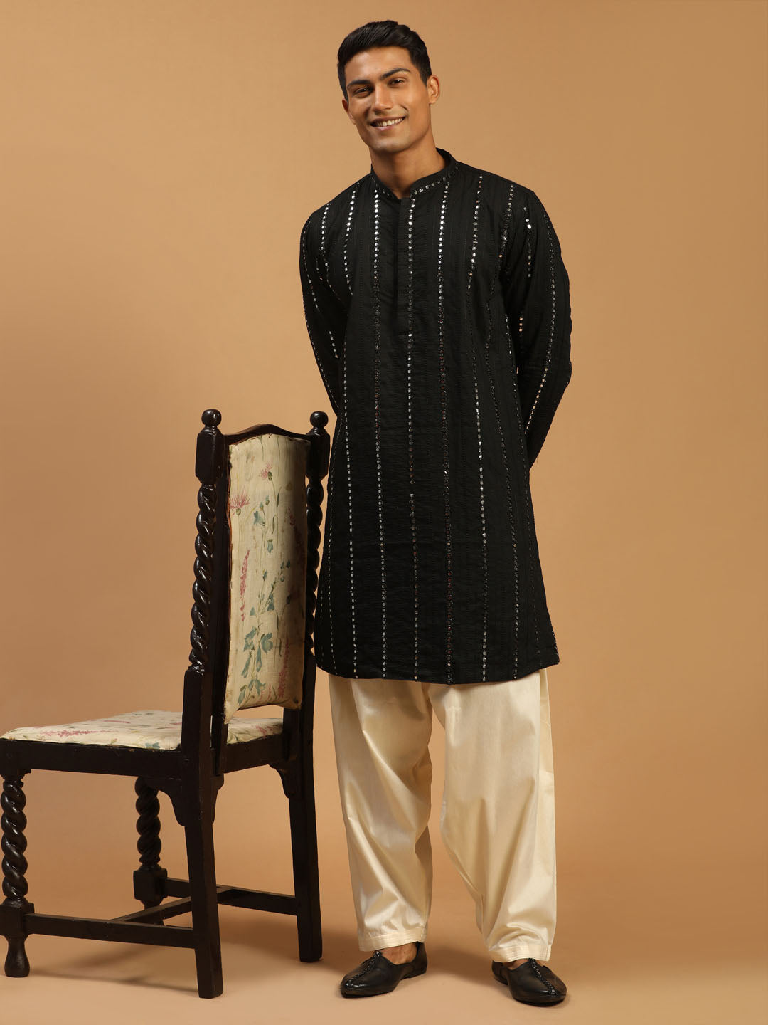 Men's Black Mirror Kurta With Patiala Set