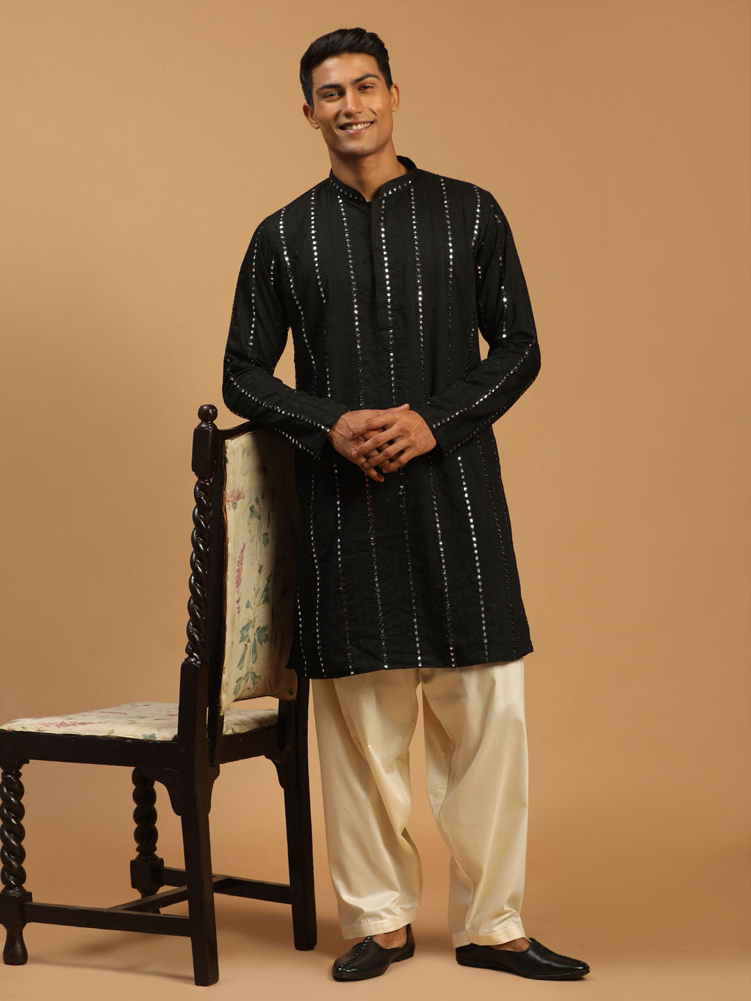 Men's Black Mirror Kurta With Patiala Set