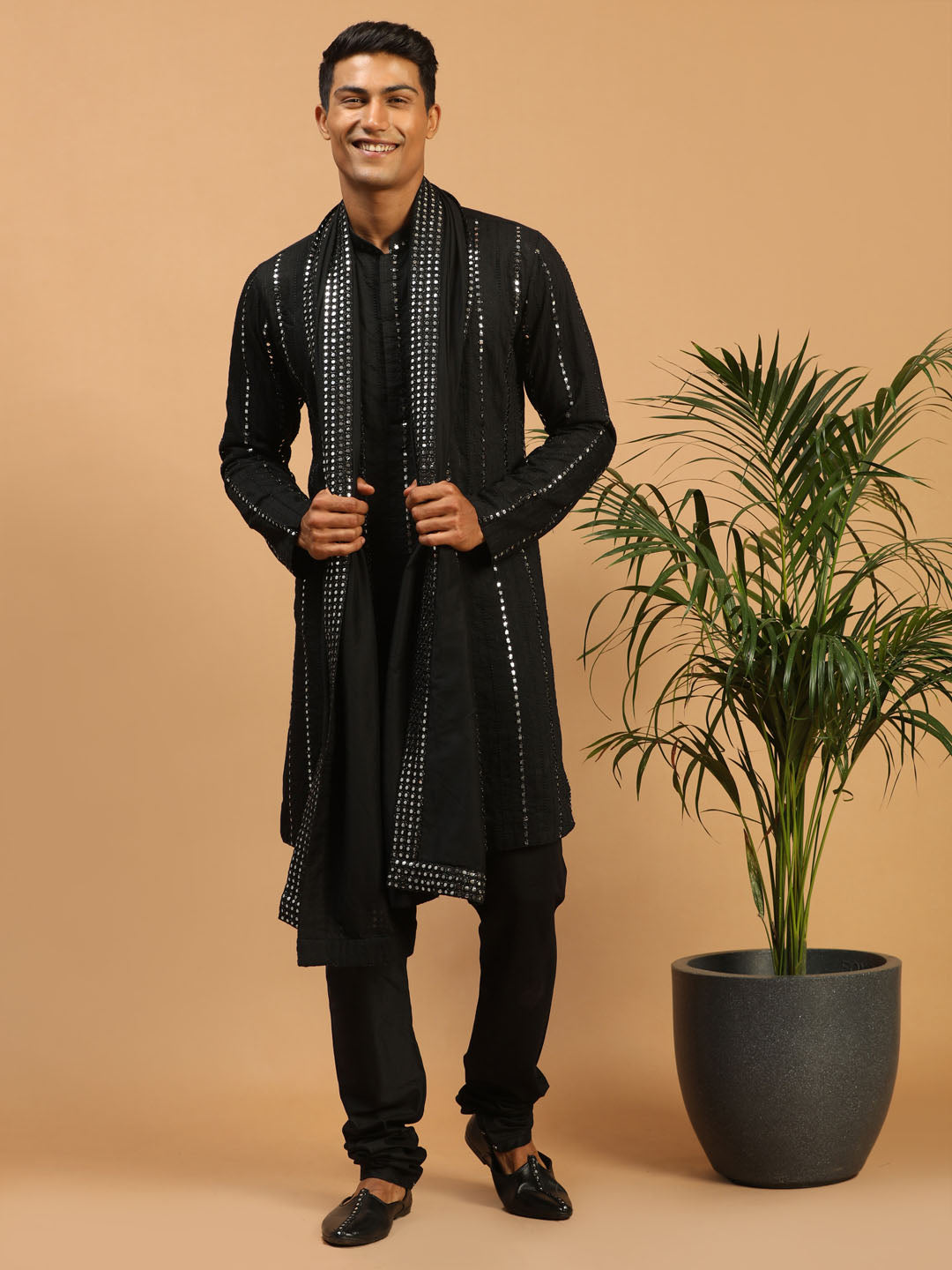 Men's Black Mirror Kurta Pyjama And Dupatta Set