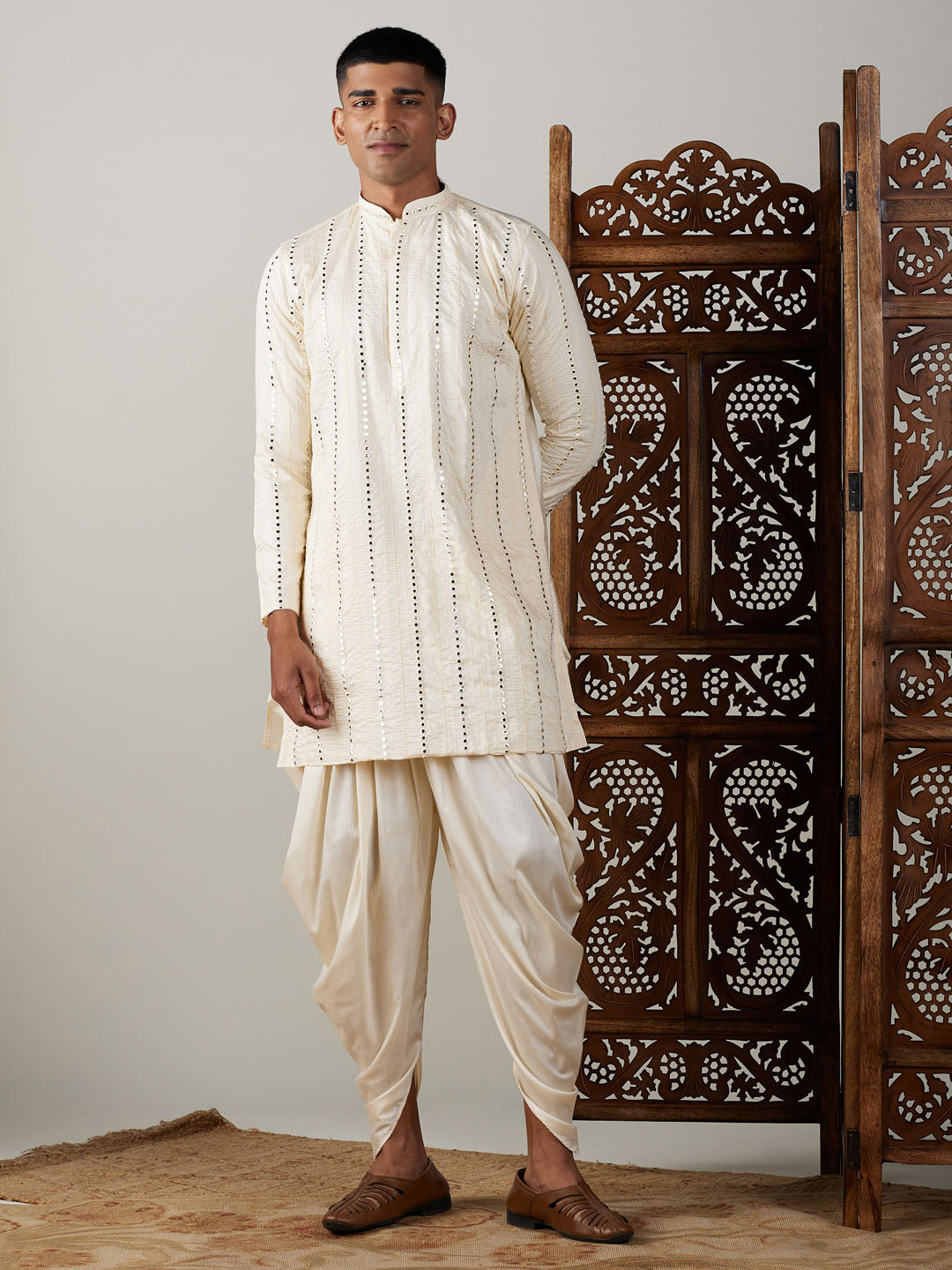 Men's Cream Mirror Kurta Dhoti Set